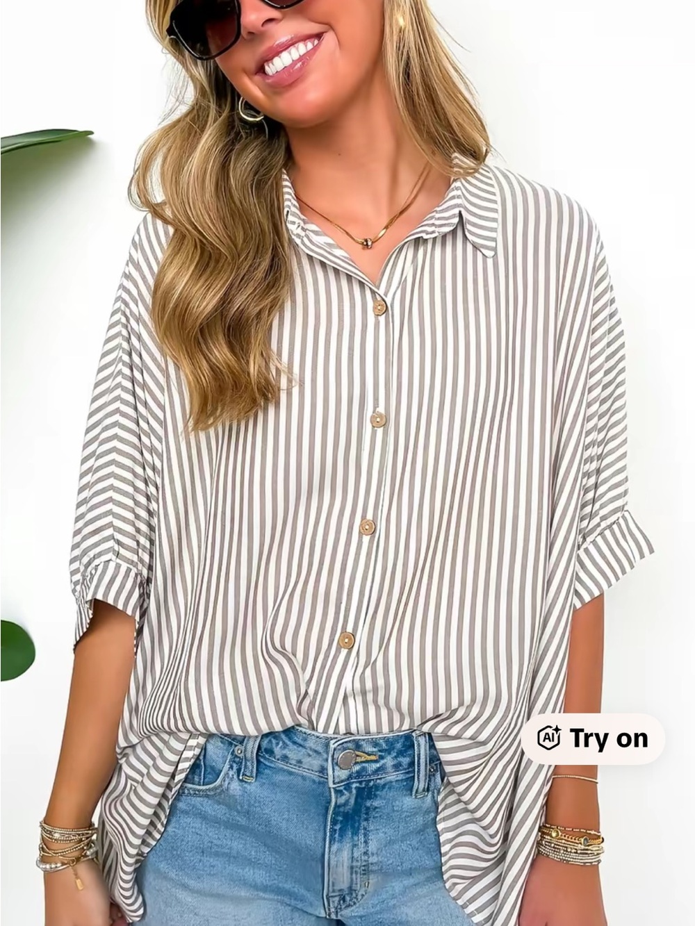Relaxed Striped Button-Down Shirt in Cream & Taupe